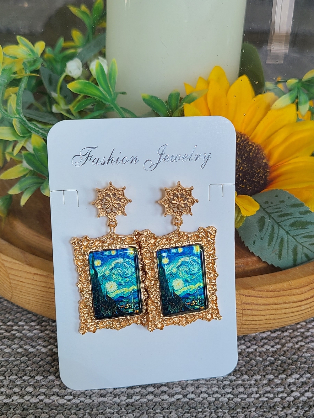 Fashion Jewelry Gold-Tone Framed Starry Night Drop Earrings - Blue